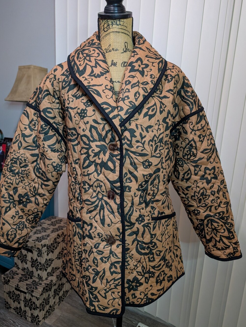 Bagatelle Quilted Jacket in Black And Carmel Floral Print